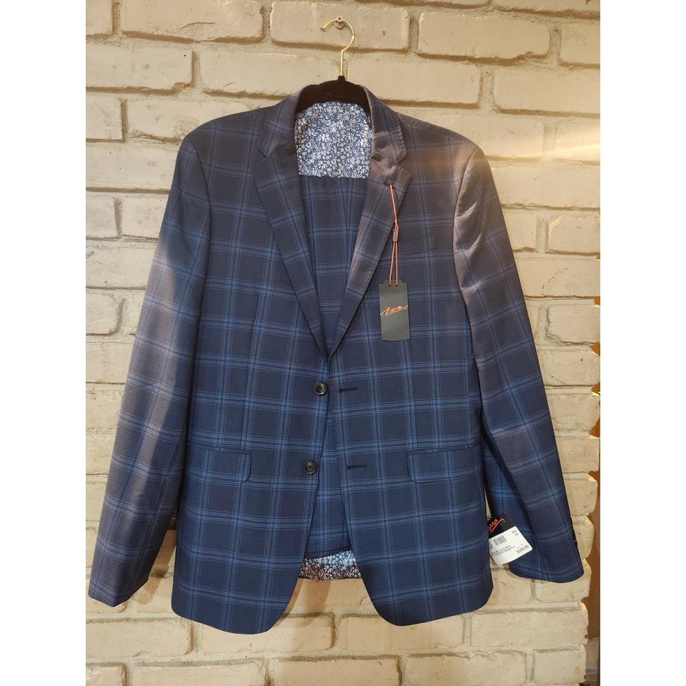 Egara Mens Navy Blue Plaid 2 Piece Suit